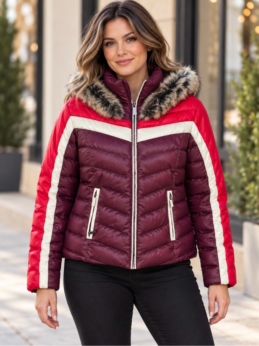 Blanc Noir Down Puffer Jacket Large Burgundy Red Hooded Faux Fur Trim NWT